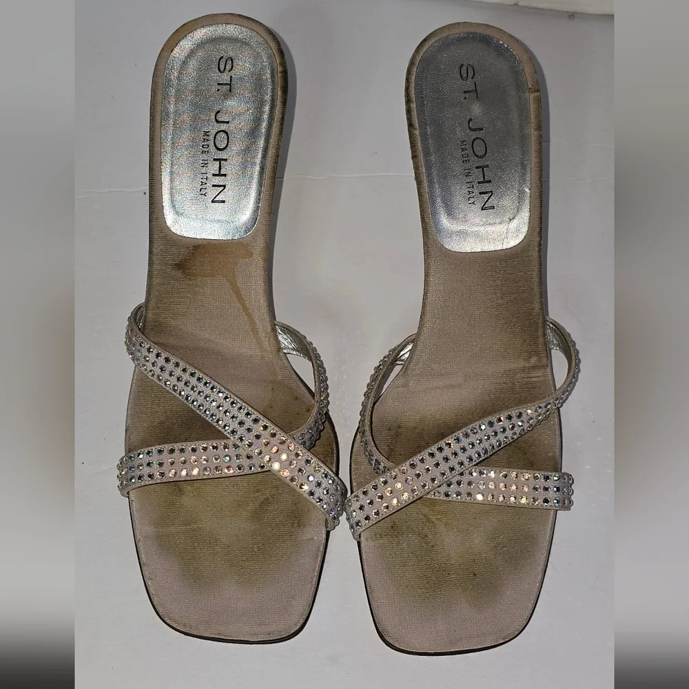 St John Women's Silver Satin Heels  w/Rhinestone Sandals Size 8